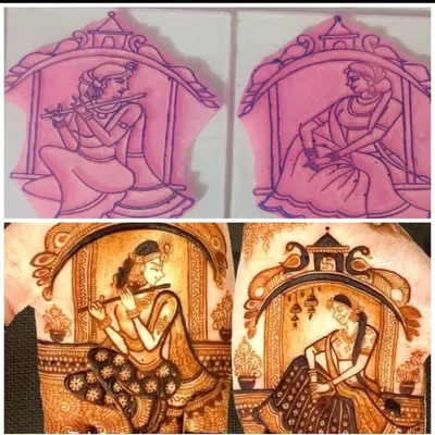 This side-by-side view shows exactly what I teach: translating a sketch of Radha and Krishna into a flawless henna application. This method is the foundation of my portrait art workshop, making any design possible.