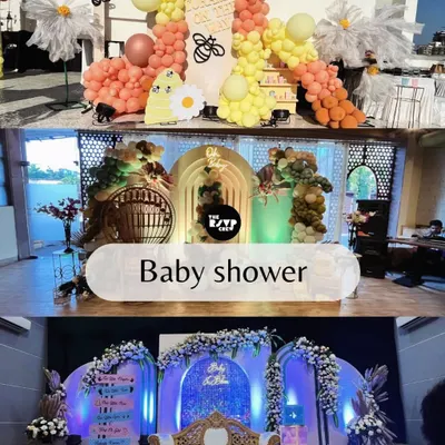 A collage showcasing the variety of our baby shower designs. From the sunny "Sweet as Can Bee" theme to a boho-chic setup and a grand "Twinkle Twinkle" stage, this highlights our ability to bring any vision to life.