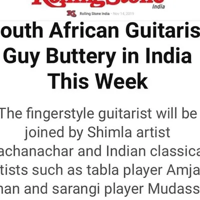 A screenshot from a Rolling Stone India article announcing the India tour of South African guitarist Guy Buttery. The feature mentions my collaboration with him as the accompanying tabla artist.