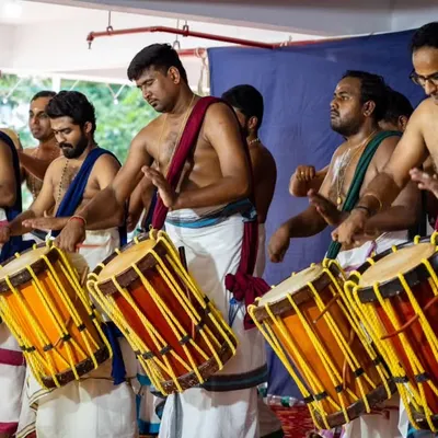 Our ensemble performing a lively Melam for an Onam program in Kanakapura, bringing festive energy to the celebration.