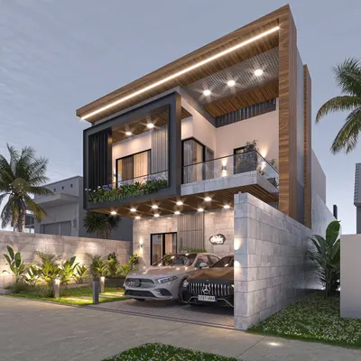 This 3D render showcases our vision for a contemporary villa, where a cantilevered upper floor creates a dynamic shape. We've used a mix of wood paneling, stone cladding, and integrated lighting to give the facade depth and warmth.