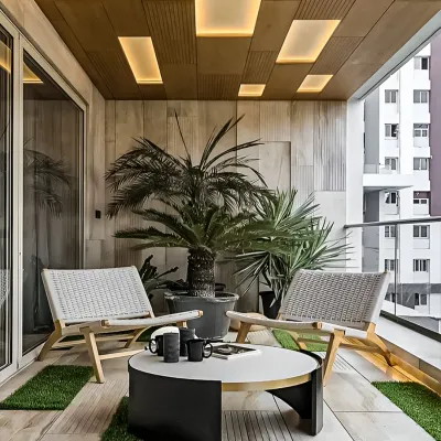 A modern and chic balcony featuring stylish woven chairs and a coffee table. We used wood paneling on the ceiling with inset rectangular lights to create a warm and sophisticated ambiance for evening relaxation.