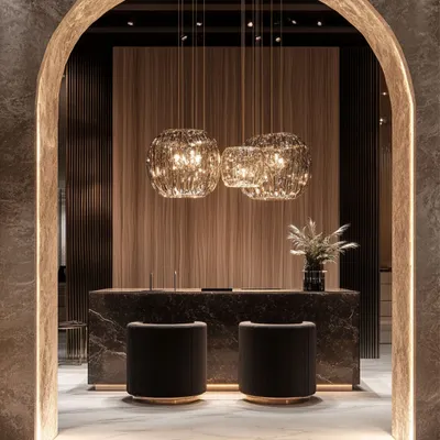 Framed by a grand archway, this cluster of textured glass chandeliers creates an immediate sense of luxury in a reception area. The warm light and intricate design offer a welcoming yet opulent first impression.