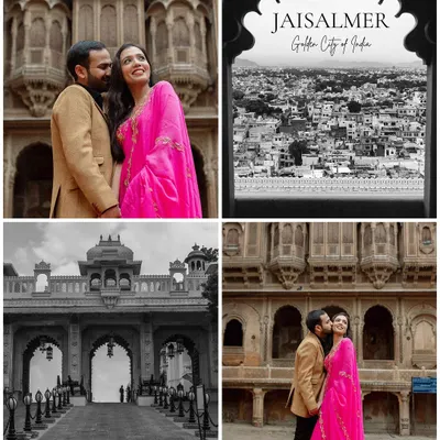 A collage that tells the story of a pre-wedding shoot in Jaisalmer, the Golden City. It combines grand architectural shots with intimate moments, capturing the city's romantic essence and the couple's connection.