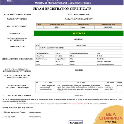 Aarav Taekwondo Academy is officially registered with the Government of India under MSME. This is our Udyam Registration Certificate, ensuring our credibility.