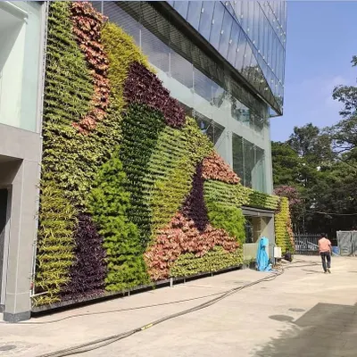 A massive vertical garden covering the facade of a multi-story commercial building, designed with waves of different plant textures and colors for a dynamic effect.