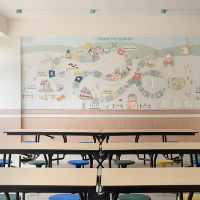 The "Farm to Table" mural in the dining hall is a visual board game that teaches children about where their food comes from. It’s a playful and engaging way to instill an appreciation for food and farming.
