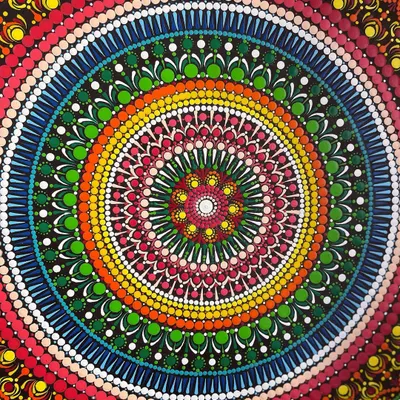 A full view of the 24-inch dot mandala. This piece was a labor of love, with every single dot carefully placed to create the layers of color and pattern. It's a great example of a large-scale commission I can create.