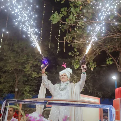 AARYAN KI BARAAT! The groom makes a spectacular entrance, standing in a jeep with cold pyro guns, ready to bring the energy. This is the kind of banger baraat I deliver.