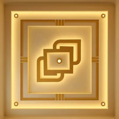 A contemporary design featuring overlapping squares with warm cove lighting. This style is perfect for adding a central focus to a bedroom or living area.