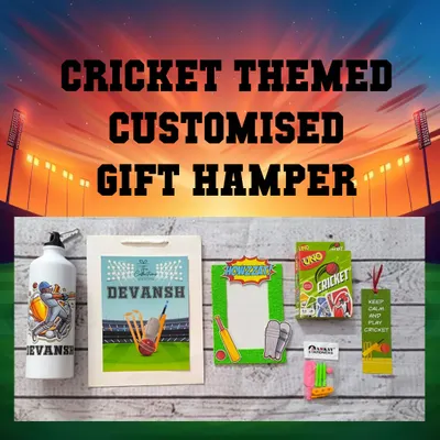 This cricket-themed gift hamper is perfect for a little champ. It includes a personalized water bottle, a photo frame, cricket-themed UNO cards, an eraser, and a bookmark.