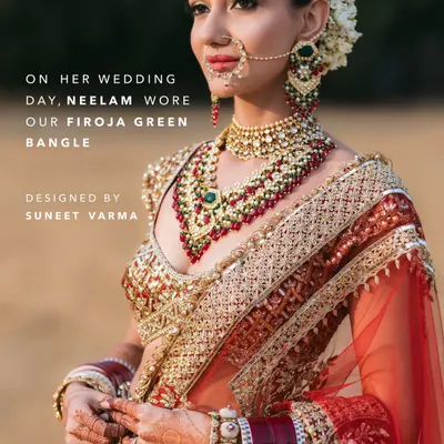 A bride's wedding day look is a story told in details. For Neelam, the Firoja Green Bangle was the perfect piece to complement her magnificent red lehenga, adding a touch of heritage and colour to her ensemble.