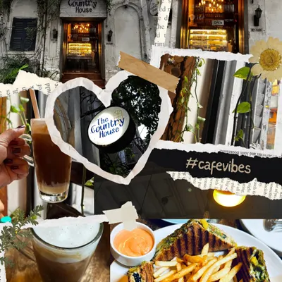 A beautiful collage capturing the vibe of 'The Country House' cafe, featuring coffee, sandwiches, and the charming exterior. It’s a perfect summary of a cafe experience.