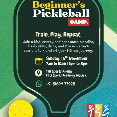 Your weekend plans are sorted with our Beginner's Pickleball Camp in Motera, Ahmedabad. Join us for a high energy session of drills, basic skills, and fun matches to kickstart your fitness journey.