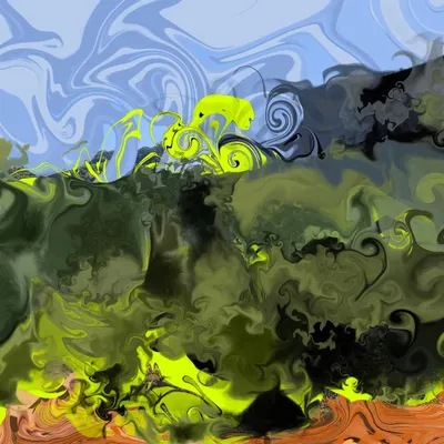 Another piece from my 'DelicScape' series, showing a different perspective of the abstract landscape. Here, the sky is a swirling blue, and the neon green foliage is more prominent, creating a vibrant, psychedelic vision of nature.