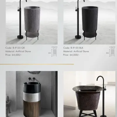 A selection of our designer pedestal basins. These models are made from artificial stone and come in textured grey or black, acting as a centerpiece for any modern bathroom.