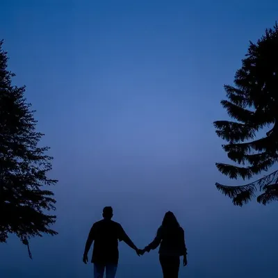 A couple silhouetted against the deep blue of twilight. This moody and atmospheric shot, framed by trees, evokes a sense of quiet togetherness in a vast, cinematic landscape.