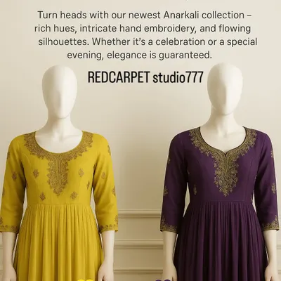 A promotional image for my "Grace in Every Fold" Anarkali collection. It showcases the elegant silhouettes and intricate hand embroidery on the necklines of both the lime yellow and deep purple Anarkali suits.