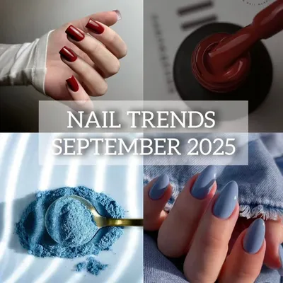 A mood board for September 2025 nail trends, featuring deep reds and dusty blues.