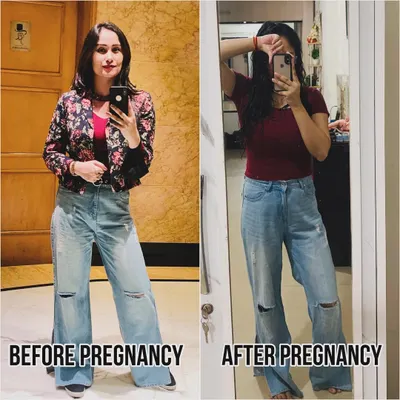Happiness is fitting back into your old favorite jeans. This before and after pregnancy photo shows the result of a consistent postpartum fitness plan and proves that you can get your pre-baby body back the right way.