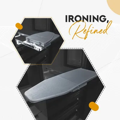 Ironing, refined. This pull-out and foldable ironing board is a lifestyle upgrade, tucking away neatly inside a drawer to free up valuable floor space.