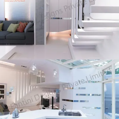 This collage shows how we use a white-on-white theme to create a bright and spacious feel in this duplex apartment, connecting the living area, kitchen, and staircase.
