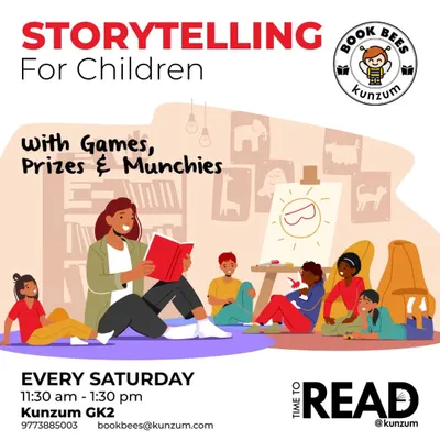 Join us every Saturday for our free storytelling sessions. It's an hour of magic for kids aged 5-10, complete with captivating stories, fun games, prizes, and some tasty munchies.