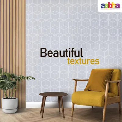A modern living space featuring a stunning accent wall with a light grey geometric cube pattern. This textured wall finish adds depth and a contemporary feel, perfectly complemented by the minimalist wooden furniture and a pop of colour from the yellow armchair.