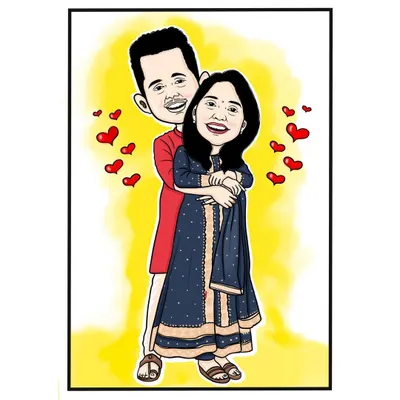 A romantic couple caricature showing a warm embrace, perfect for an anniversary or Valentine's Day gift. The hearts add a touch of playful affection.