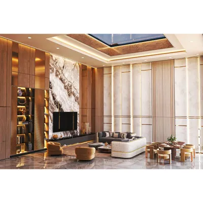 A grand living room where we used a combination of wood and marble paneling with integrated backlighting. The design creates a sense of warmth and opulence, perfect for a statement living area.