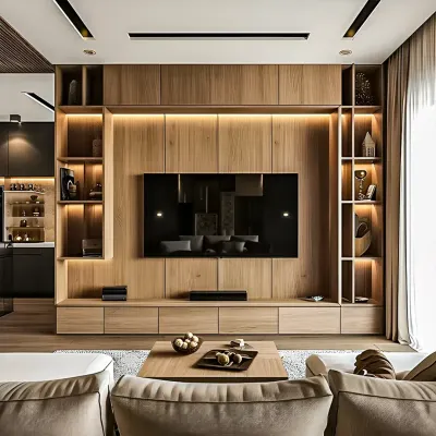 A closer look at this expansive TV unit, showcasing the warm wood tones and integrated backlighting that creates a cozy ambiance for movie nights.