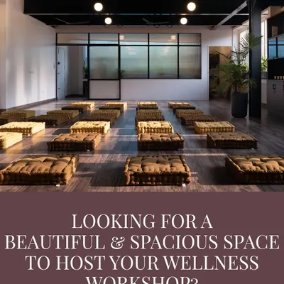 This is the view that greets you in our main studio, a beautiful and spacious room ready to host your next wellness workshop. The floor cushions are arranged for a group circle, but the flexible layout can be adapted to suit any event format you envision.