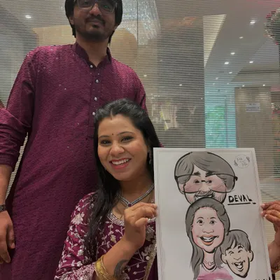 A beautiful family of three posing with their custom caricature. These portraits are a fun way to capture a family's love and personality.