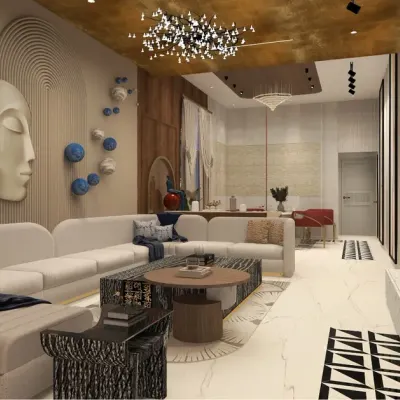 A complete view of the Noida penthouse living room, where a gold-leaf ceiling, a sculptural feature wall, and plush, modern furniture create a space that is both grand and welcoming.