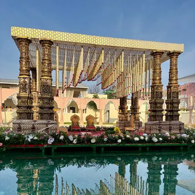 This floating mandap is one of our signature designs, offering a spectacular and serene setting for your vows, with its reflection shimmering on the water below.