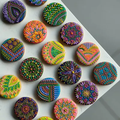 A collection of our intricately decorated royal icing cookies. Each one is hand-piped with a unique, colourful mandala-style pattern. They are like tiny, edible pieces of art.