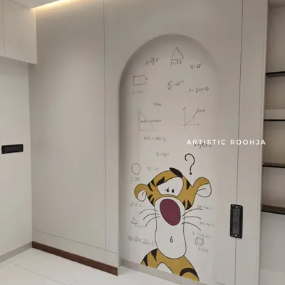 The final view of the Tigger mural in a 9-month-old baby girl's room. The design combines a fun cartoon with mathematical formulas, a unique concept chosen by the parents.