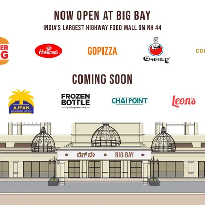 This graphic illustrates the world of choice at Big Bay, showing the logos of brands that are now open and coming soon, like Starbucks, KFC, and Chai Point.