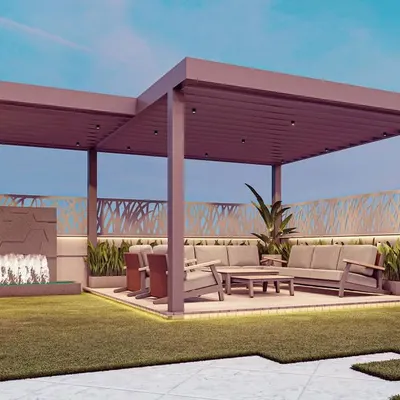 A 3D render of a luxurious terrace design, featuring a modern pergola sheltering a comfortable seating area. The design incorporates an outdoor fireplace, creating a warm and inviting focal point for evening gatherings.