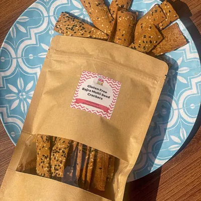 My gluten-free Bajra Multi-seed Crackers are packed with healthy seeds and have a wonderful crunch. They are vegan and baked, not fried.