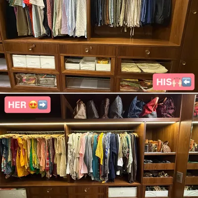 His side, her side. Our job is to make sure both function perfectly. In this walk-in closet, we created distinct but complementary zones for the couple, ensuring each person has a system tailored to their wardrobe.