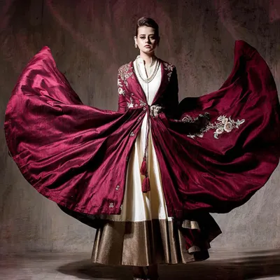 A full-length shot capturing the dramatic flair of a rich maroon embroidered jacket. The movement in the fabric is the central focus, creating a high-impact image for designer campaigns.