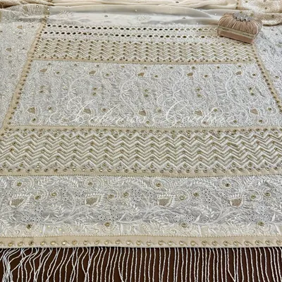 A breathtaking overview of our made-to-order Chikankari saree on off-white crepe. This image showcases the expansive and intricate embroidery, with panels of floral and geometric patterns, and a stunning tassel border.