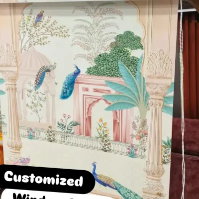 This custom printed roller blind features an intricate Pichwai art design, turning a simple window into a stunning piece of Indian heritage decor. It's a perfect example of how I can transform your space with personalized art.