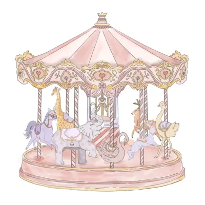 The final illustration for our whimsical carousel-themed baby announcement. This piece was a true labor of love, with each animal hand-drawn in a soft watercolor style to create a magical and sweet design.
