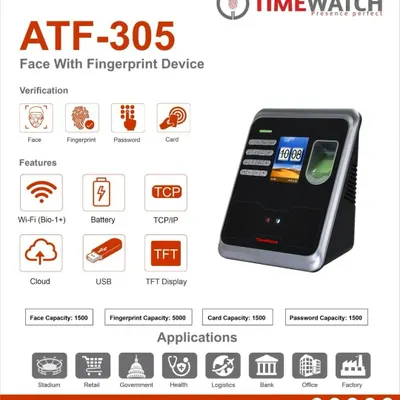 This specification sheet for the TimeWatch ATF-305 highlights its capabilities as a face and fingerprint verification device. With a large user capacity and multiple connectivity options like Wi-Fi and TCP/IP, it is suitable for diverse applications from offices to factories.