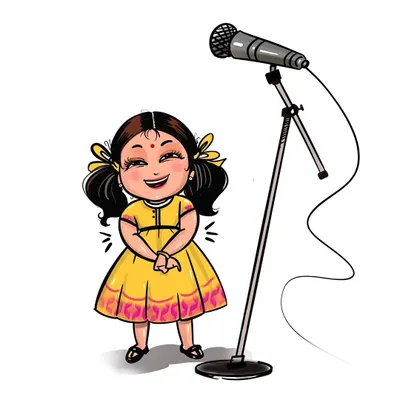 The primary character illustration for Aiyyo Shradha, showing her happy and ready to perform. This avatar was designed to be versatile for various promotional uses.