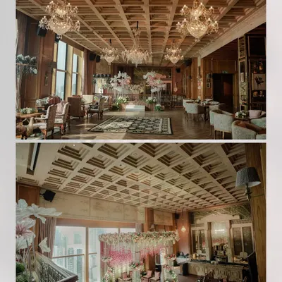 A look at the stunning venue for Sama & Gautam's wedding. The elegant wooden interiors, grand chandeliers, and beautiful floral arrangements created a truly luxurious atmosphere.