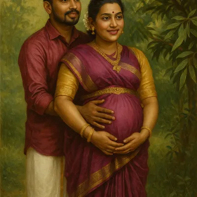 A portrait that feels like a painting, capturing the serene beauty of motherhood in a traditional saree. This is inspired by the timeless art of Ravi Varma, bringing a classic aesthetic to your maternity photos.