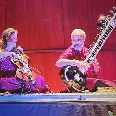 A moment of pure connection with my wife, Saskia Rao-de Haas, during a sitar and cello jugalbandi. Our music is a dialogue, a blend of Indian and Western traditions that speaks directly from the soul.
